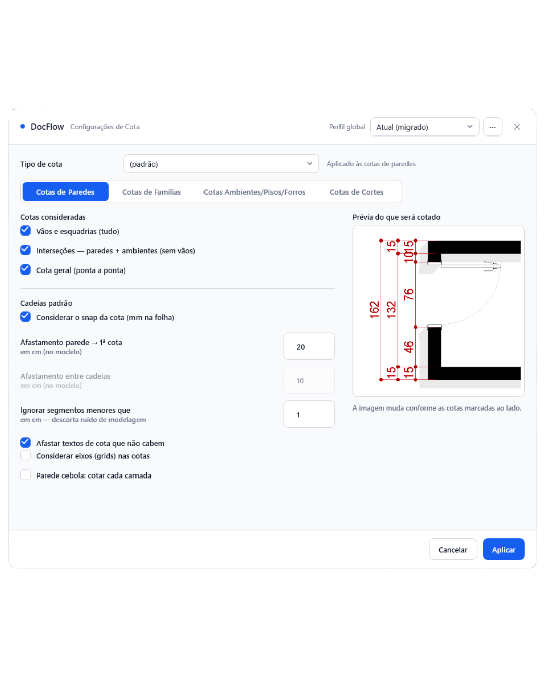Menu de configurações de cotas do DocFlow ARQ