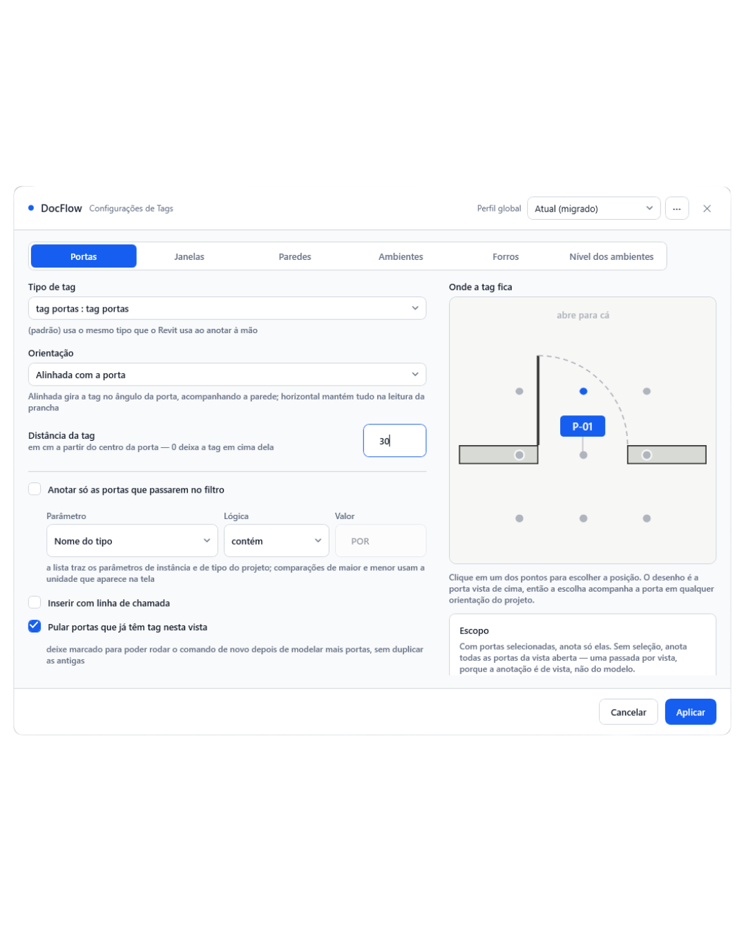 Menu de configurações de tags do DocFlow ARQ